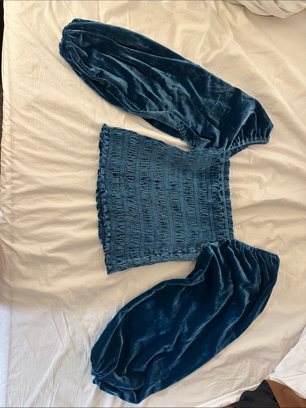 Anthropologie Teal Velvet Smocked Top with Puff Sleeves